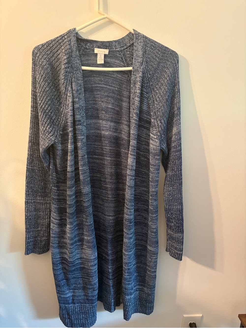 Chico’s Size 1 Blue Marled Metallic Long Open Front Cardigan